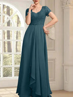 A-line Sweetheart Floor-Length Chiffon Lace Mother of the Bride Dress With Beading Cascading Ruffles by Dreamylily