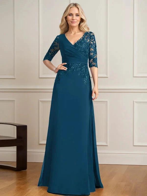 A-line V-Neck Floor-Length Lace Chiffon Mother of the Bride Dress With Pleated Sequins by Dreamylily