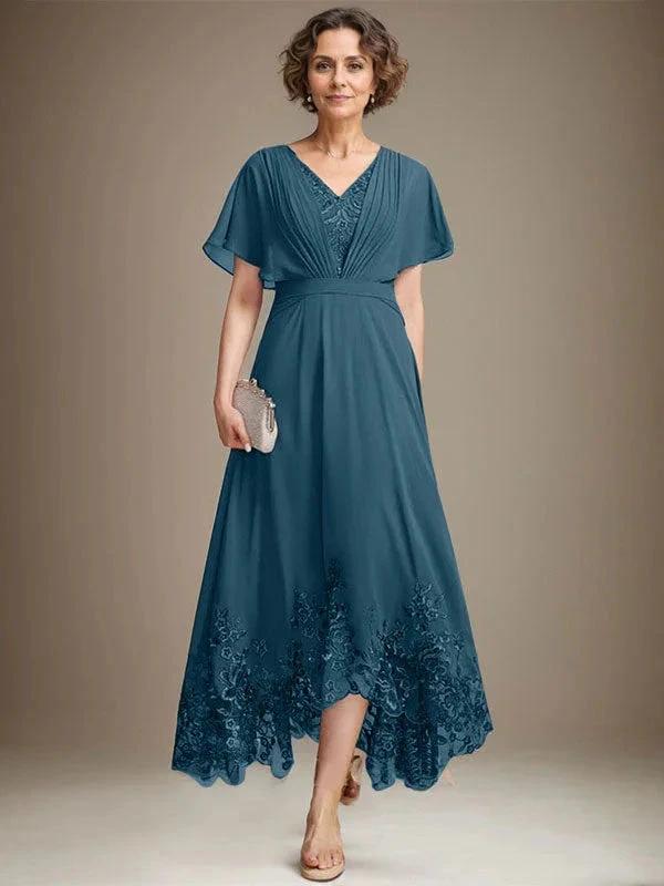 A-line V-Neck Asymmetrical Lace Chiffon Mother of the Bride Dress With Pleated by Dreamylily