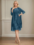 Sheath/Column Scoop Illusion Knee-Length Lace Chiffon Mother of the Bride Dress With Cascading Ruffles Sequins by Dreamylily