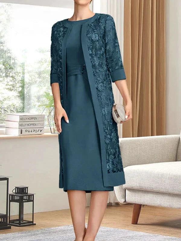 Sheath/Column Scoop Knee-Length Chiffon Mother of the Bride Dress With Pleated Sequins by Dreamylily