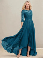 A-line Scoop Illusion Asymmetrical Lace Chiffon Mother of the Bride Dress With Pleated Sequins by Dreamylily
