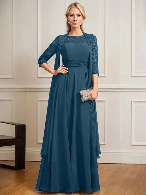 A-line Scoop Illusion Floor-Length Lace Chiffon Mother of the Bride Dress With Pleated by Dreamylily