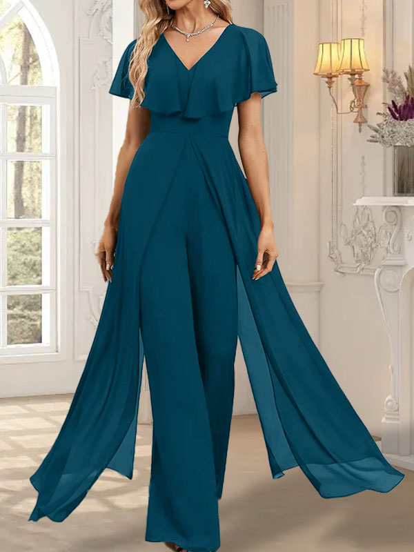 Jumpsuit/Pantsuit V-Neck Floor-Length Chiffon Evening Dress