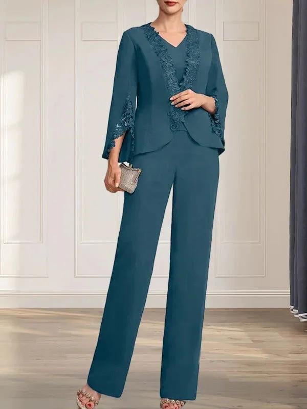 Separates Jumpsuit/Pantsuit V-Neck Floor-Length Chiffon Mother of the Bride Dress by Dreamylily