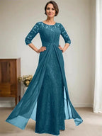 A-Line Scoop Illusion Floor-Length Lace Chiffon Mother Of the Bride Dress With Beading Ruffles by Dreamylily