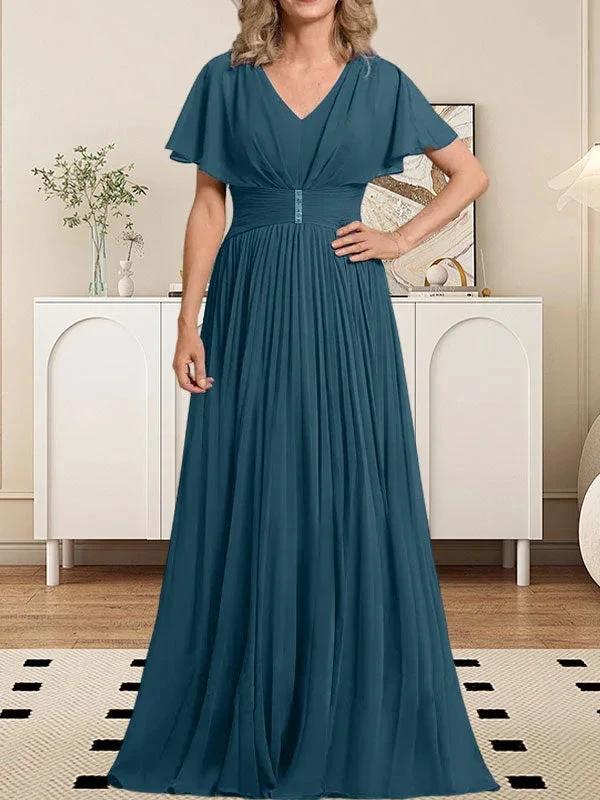 A-line V-Neck Floor-Length Chiffon Mother of the Bride Dress With Crystal Brooch Pleated by Dreamylily