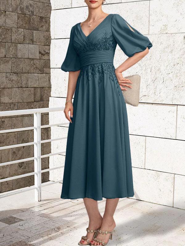 A-line V-Neck Tea-Length Lace Chiffon Mother of the Bride Dress With Pleated by Dreamylily