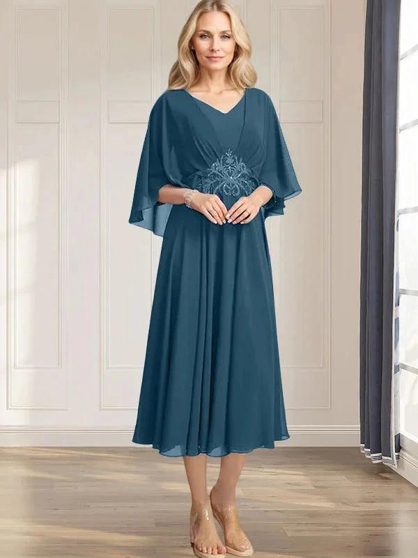A-line V-Neck Tea-Length Chiffon Mother of the Bride Dress With Pleated Sequins Appliques Lace Beadind by Dreamylily