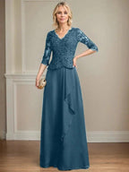A-line V-Neck Floor-Length Lace Chiffon Mother of the Bride Dress With Cascading Ruffles Sequins by Dreamylily