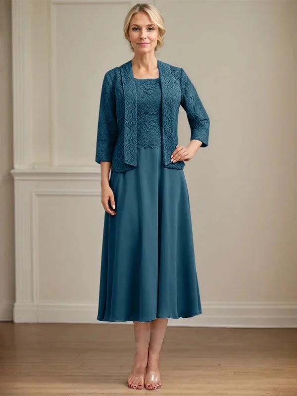 A-line Scoop Tea-Length Lace Chiffon Mother of the Bride Dress by Dreamylily