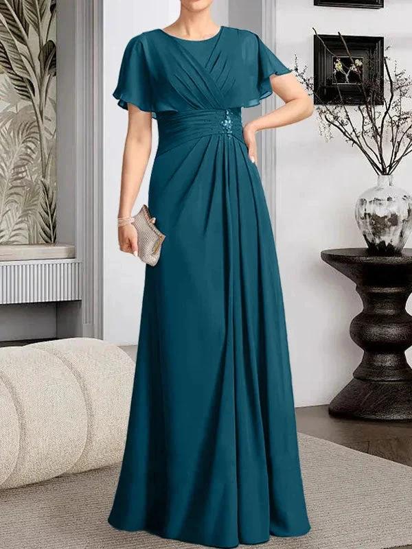 A-line Scoop Floor-Length Chiffon Mother of the Bride Dress With Pleated Beading by Dreamylily