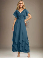 A-line V-Neck Ankle-Length Lace Chiffon Mother of the Bride Dress With Cascading Ruffles by Dreamylily