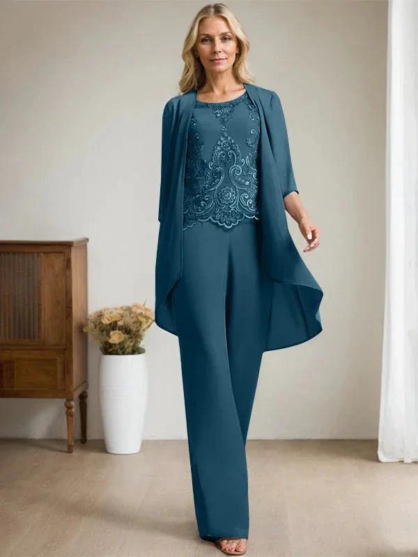 Separates Jumpsuit/Pantsuit Scoop Floor-Length Chiffon Lace Mother of the Bride Dress With Beading Sequins by Dreamylily