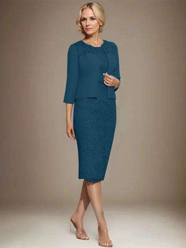 Sheath/Column Scoop Knee-Length Chiffon Lace Mother of the Bride Dress With Beading by Dreamylily