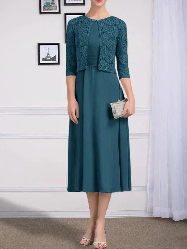 A-line Scoop Tea-Length Chiffon Mother of the Bride Dress With Pleated by Dreamylily