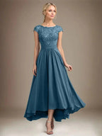 A-line Scoop Illusion Asymmetrical Lace Chiffon Mother of the Bride Dress With Pleated by Dreamylily