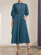 A-line High Neck Tea-Length Lace Chiffon Mother of the Bride Dress With Bow by Dreamylily