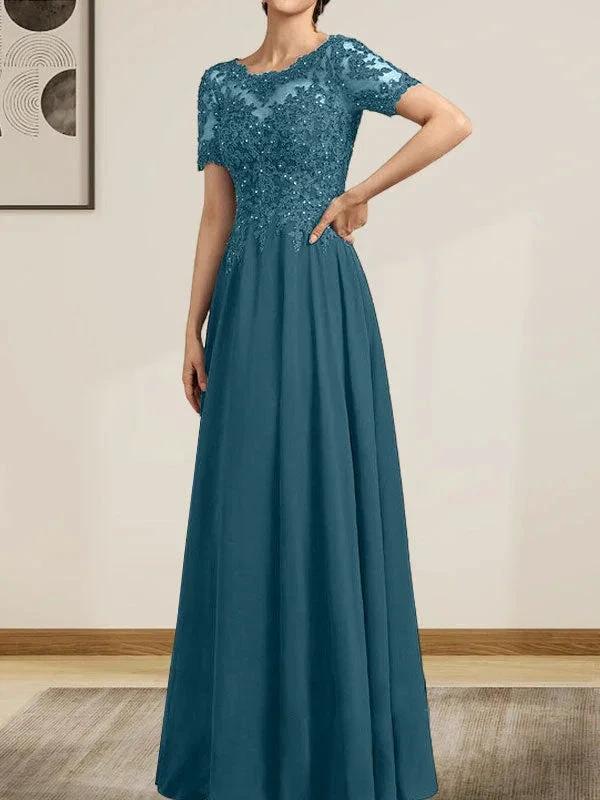 A-line Scoop Illusion Floor-Length Chiffon Lace Mother of the Bride Dress With Sequins Beading by Dreamylily