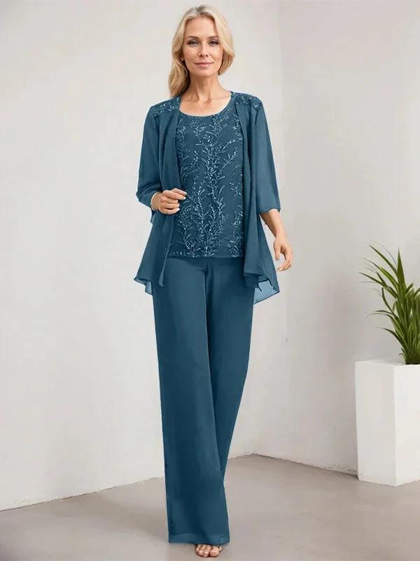 Separates Jumpsuit/Pantsuit Scoop Floor-Length Lace Chiffon Mother of the Bride Dress With Sequins by Dreamylily