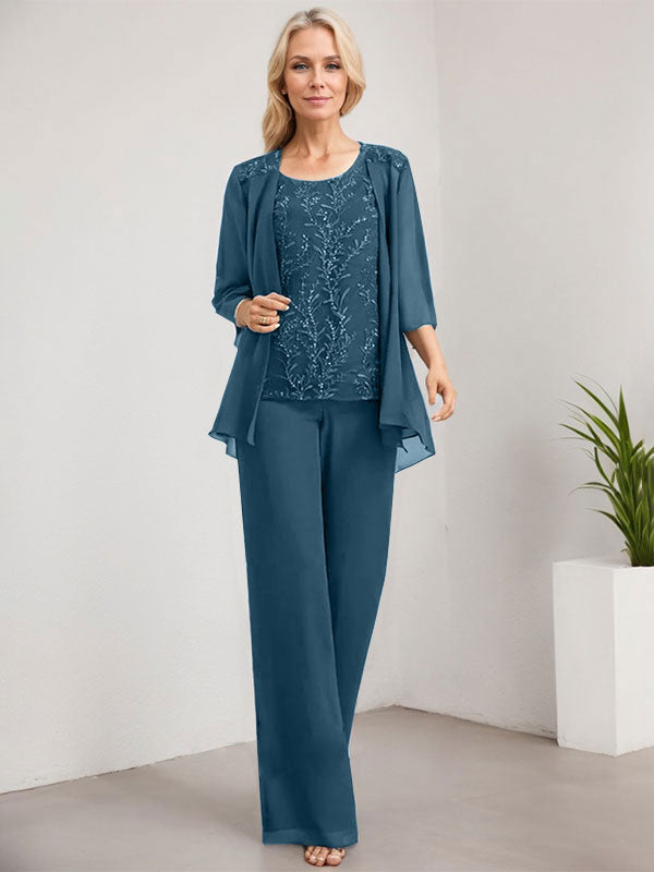 Separates Jumpsuit/Pantsuit Scoop Floor-Length Lace Chiffon Mother of the Bride Dress With Sequins