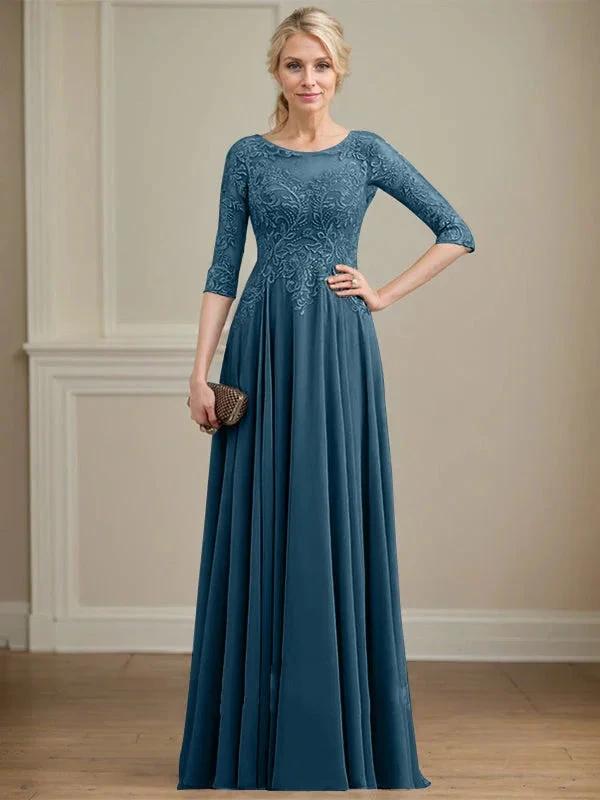 A-line Scoop Illusion Floor-Length Lace Chiffon Mother of the Bride Dress With Sequins by Dreamylily