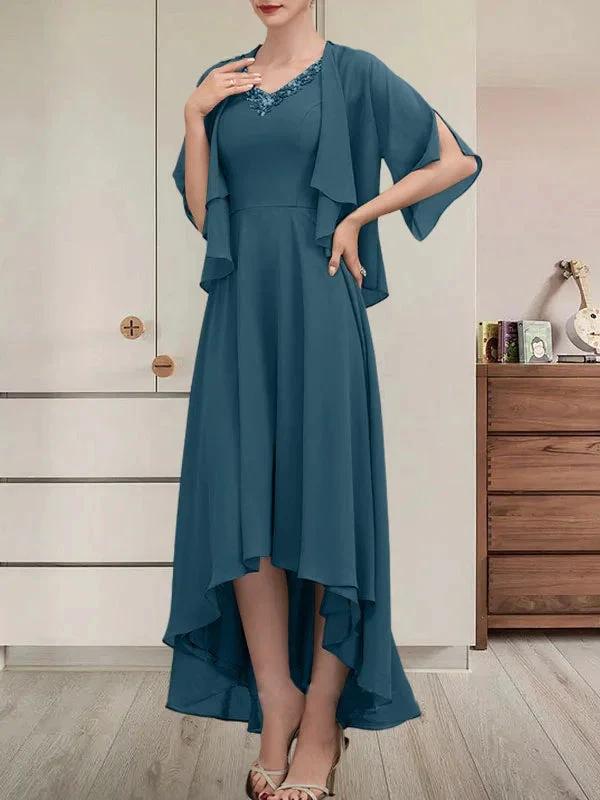 A-line V-Neck Asymmetrical Chiffon Mother of the Bride Dress With Beading Sequins by Dreamylily