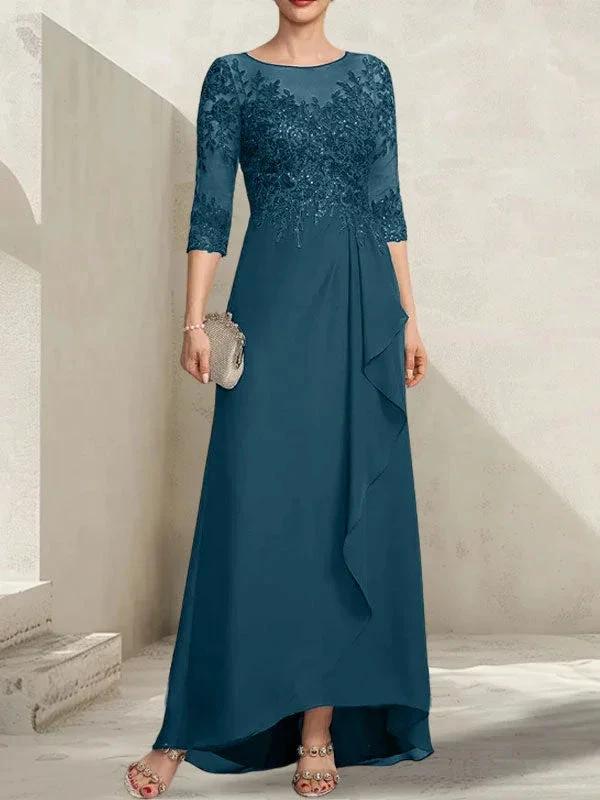 A-line Scoop Illusion Asymmetrical Lace Chiffon Mother of the Bride Dress With Sequins Cascading Ruffles by Dreamylily