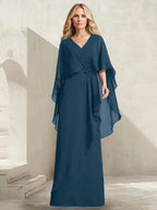 A-line V-Neck Floor-Length Chiffon Mother of the Bride Dress With Cascading Ruffles Beading by Dreamylily