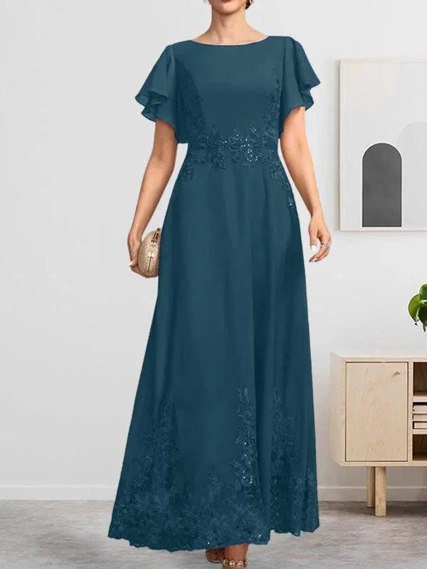 A-line Scoop Ankle-Length Lace Chiffon Mother of the Bride Dress With Sequins by Dreamylily