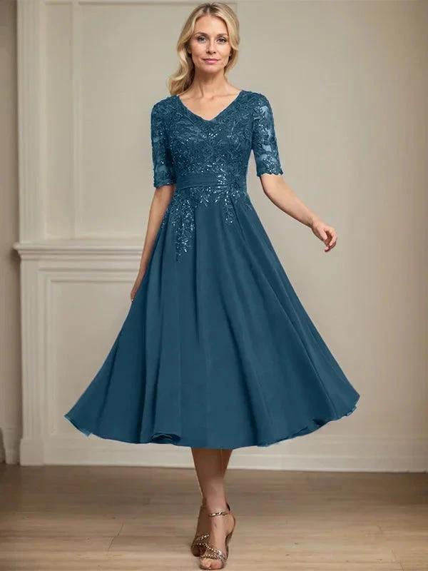 A-line V-Neck Tea-Length Lace Chiffon Mother of the Bride Dress With Sequins by Dreamylily