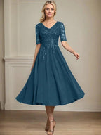 A-line V-Neck Tea-Length Lace Chiffon Mother of the Bride Dress With Sequins by Dreamylily