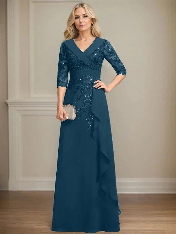 A-line Collared V-Neck Floor-Length Lace Chiffon Mother of the Bride Dress With Sequins Cascading Ruffles by Dreamylily