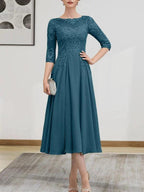 A-line Scoop Illusion Tea-Length Chiffon Lace Mother of the Bride Dress With Beading Sequins by Dreamylily