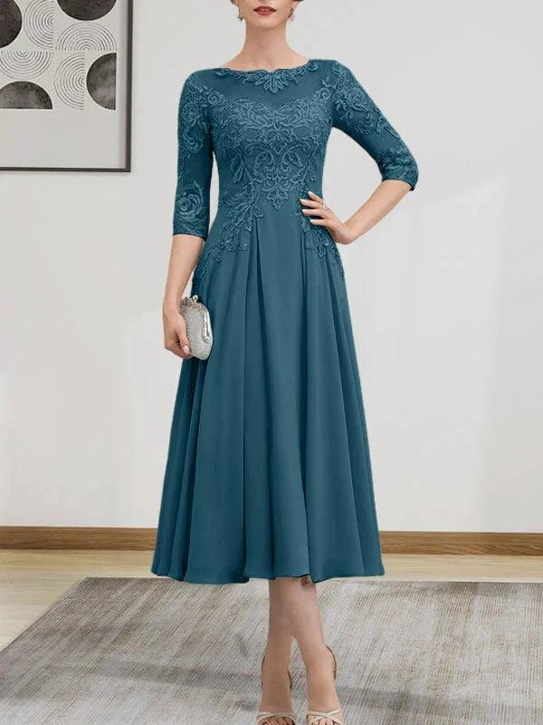 A-line Scoop Illusion Tea-Length Chiffon Lace Mother of the Bride Dress With Beading Sequins by Dreamylily