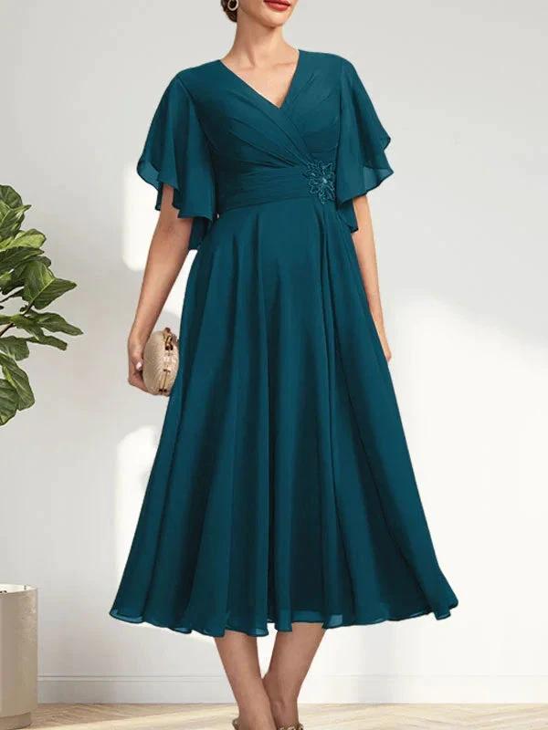 A-line V-Neck Tea-Length Chiffon Mother of the Bride Dress With Pleated Beading by Dreamylily