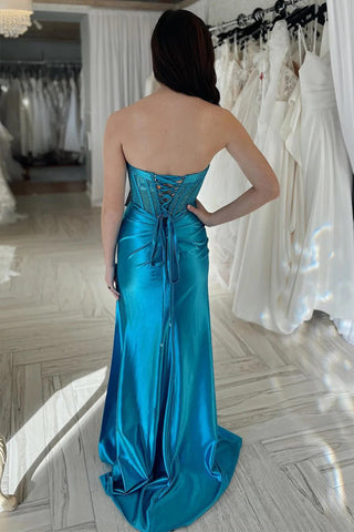 Vestido de fiesta formal con abertura y escote en V, sin tirantes y con diamantes de imitación en color verde azulado PSK559