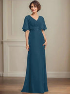 A-line V-Neck Floor-Length Chiffon Mother of the Bride Dress With Pleated Sequins Appliques Lace by Dreamylily