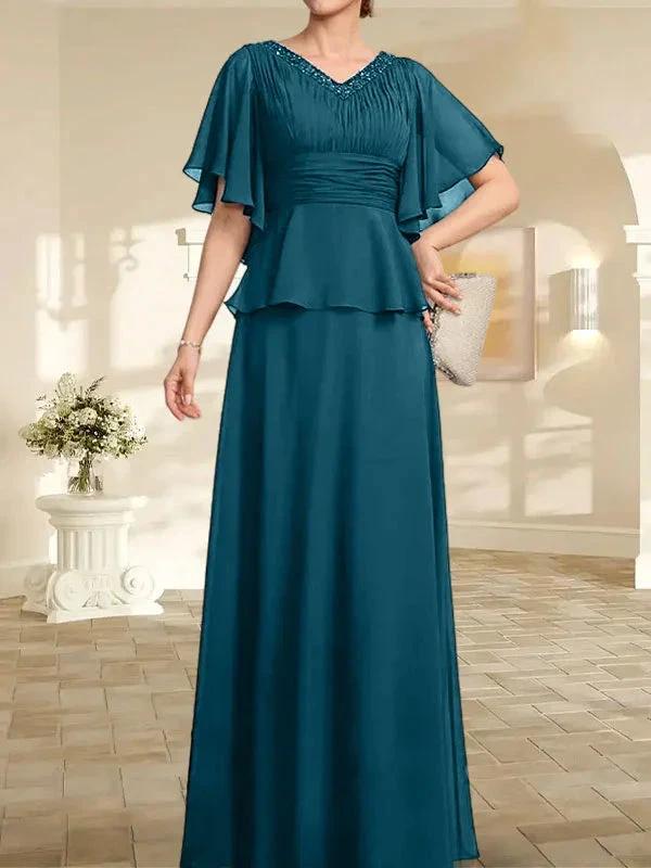 A-line V-Neck Floor-Length Chiffon Mother of the Bride Dress With Pleated Beading by Dreamylily