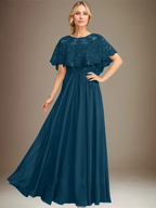 A-line Boat Neck Floor-Length Lace Chiffon Mother of the Bride Dress With Applique Sequins by Dreamylily