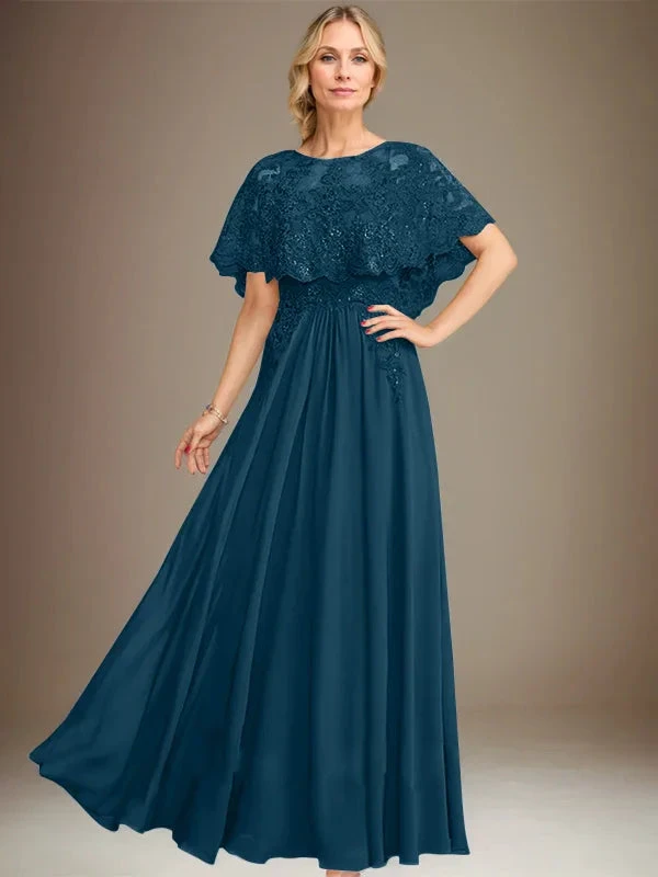 A-line Boat Neck Floor-Length Lace Chiffon Mother of the Bride Dress With Applique Sequins by Dreamylily