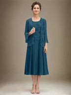 A-line Scoop Tea-Length Lace Chiffon Mother of the Bride Dress With Sequins by Dreamylily