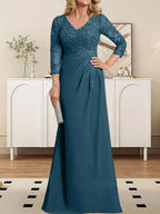 Sheath/Column V-Neck Illusion Floor-Length Lace Chiffon Mother of the Bride Dress With Pleated Sequins by Dreamylily