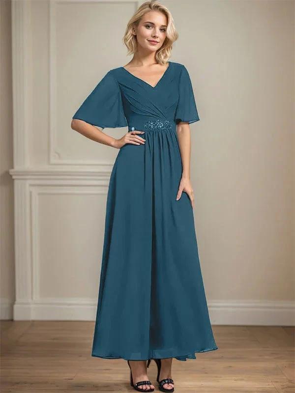 A-line V-Neck Ankle-Length Chiffon Mother of the Bride Dress With Pleated Beading Sequins by Dreamylily