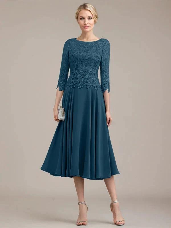 A-line Scoop Tea-Length Lace Chiffon Mother of the Bride Dress by Dreamylily