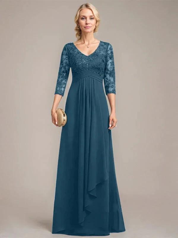 A-line V-Neck Floor-Length Lace Chiffon Mother of the Bride Dress With Cascading Ruffles Sequins by Dreamylily