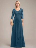 A-line V-Neck Floor-Length Lace Chiffon Mother of the Bride Dress With Cascading Ruffles Sequins by Dreamylily