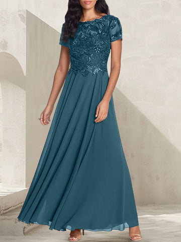 Vestido largo de madre de la novia con escote redondo, corte A, color gris carbón y cuentas