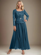 Vestido de gasa para madre de la novia con corte A, cuadrado, largo hasta los tobillos, con pliegues 