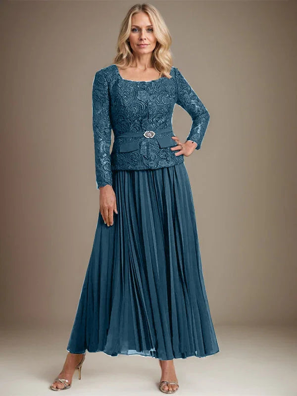 Vestido de gasa para madre de la novia con corte A, cuadrado, largo hasta los tobillos, con pliegues 